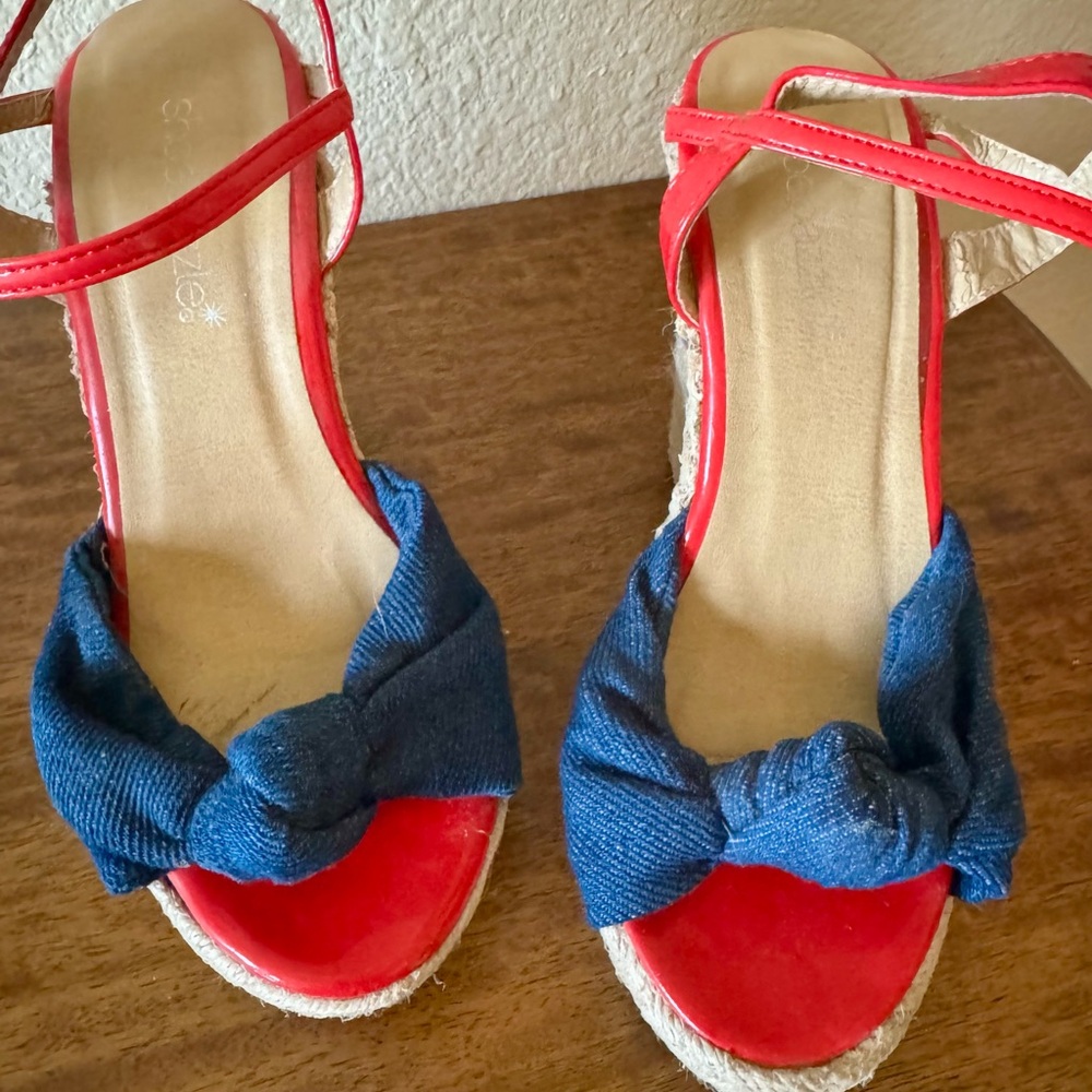 Shoe Dazzle Red and Blue Wedges for a Bold Look